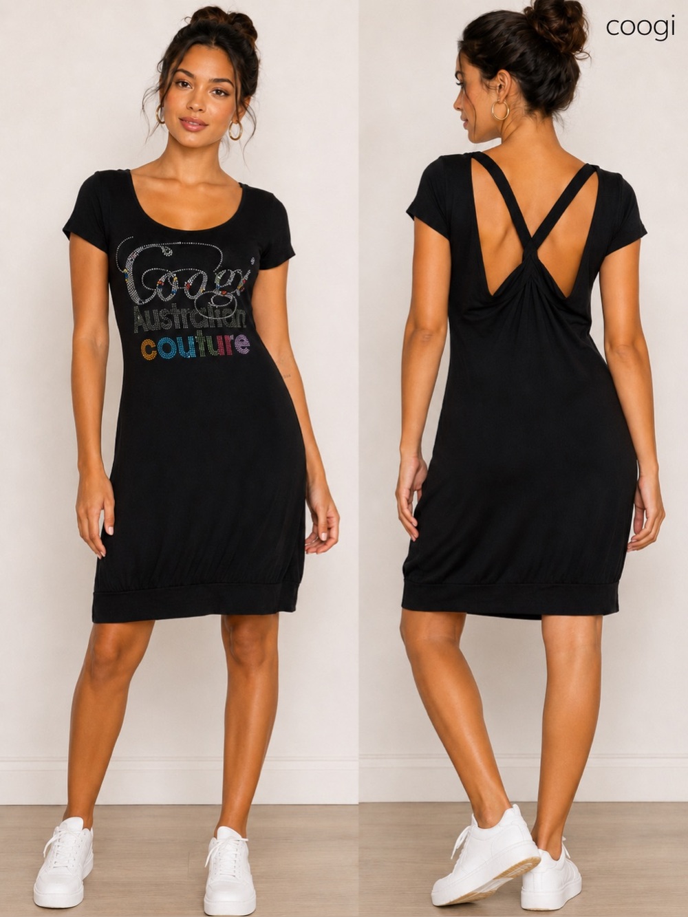 Coogi Australia Size L Black Rhinestone Logo Open Back Y2K Mini Dress